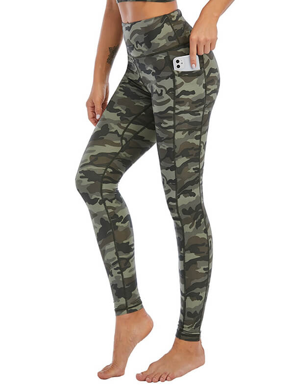 Women's high-waist camouflage leggings with side pocket, perfect for yoga and workouts, made from breathable nylon-spandex blend.